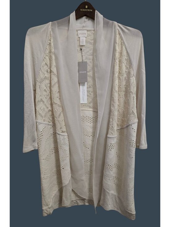 Chico's Sweaters - NWT Chicos Trixie Cardigan Cream 3/4 Sleeve Open Front Lace Sweater Size 0
